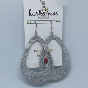 Genuine leather tear drop earrings - silver